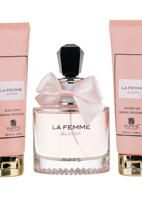 Set Cadou La Femme Bloom Apa de Parfum 100ml + Gel De Dus 100ml + Lotiune de corp 100ml, Riiffs