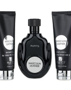 Set Cadou Masculin Leather Apa de Parfum 100ml + Gel De Dus 100ml + Lotiune de corp 100ml, Riiffs