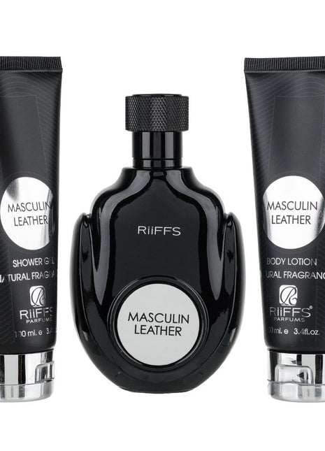 Set Cadou Masculin Leather Apa de Parfum 100ml + Gel De Dus 100ml + Lotiune de corp 100ml, Riiffs