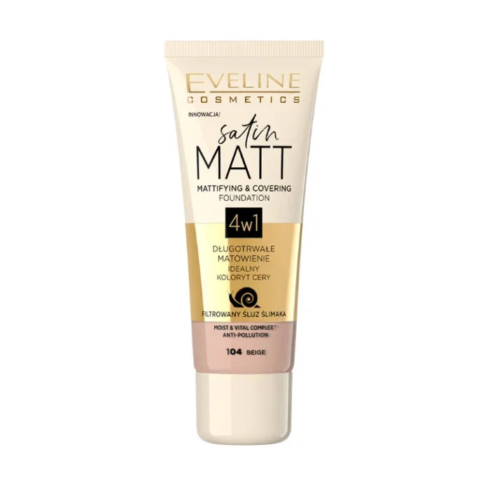 Eveline Cosmetics Satin Matt 4w1 – Fond de ten matifiant și cu acoperire 104 Beige