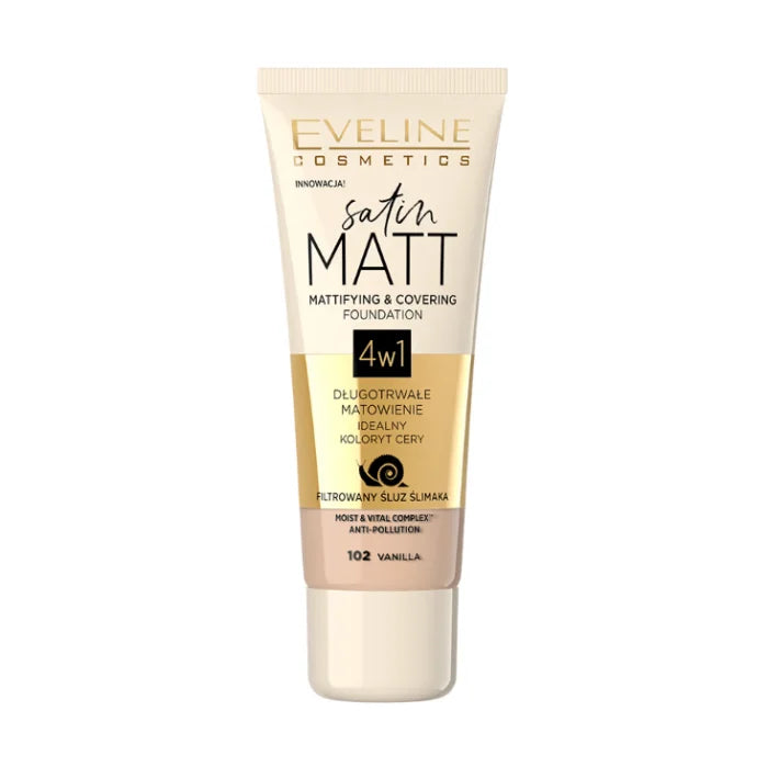 Eveline Cosmetics Satin Matt 4w1 – Fond de ten matifiant și cu acoperire 102 Vanilla